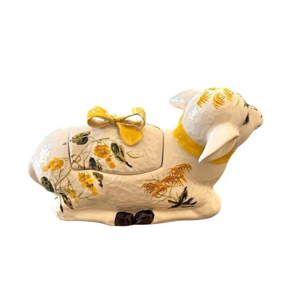 Vintage Italian Lamb Soup Tureen,Spoon Hand-Painted Yellow Mimosa Mid-Century